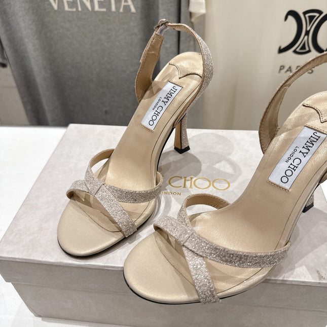 JIMMY CHOO 26S HIGH-HEELED SANDALS 100 MM IN LIGHT BEIGE GLITTER FABRIC