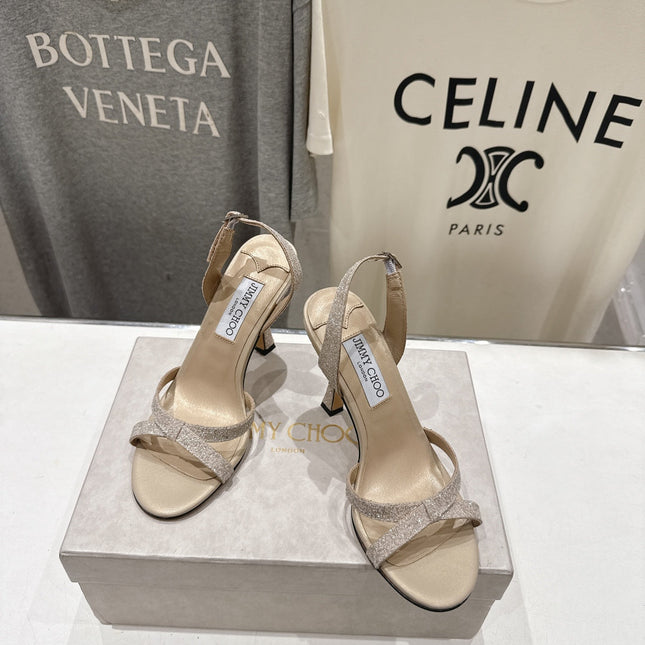 JIMMY CHOO 26S HIGH-HEELED SANDALS 100 MM IN LIGHT BEIGE GLITTER FABRIC