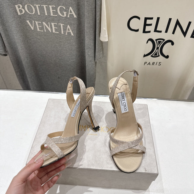 JIMMY CHOO 26S HIGH-HEELED SANDALS 100 MM IN LIGHT BEIGE GLITTER FABRIC