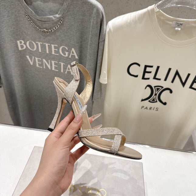 JIMMY CHOO 26S HIGH-HEELED SANDALS 100 MM IN LIGHT BEIGE GLITTER FABRIC