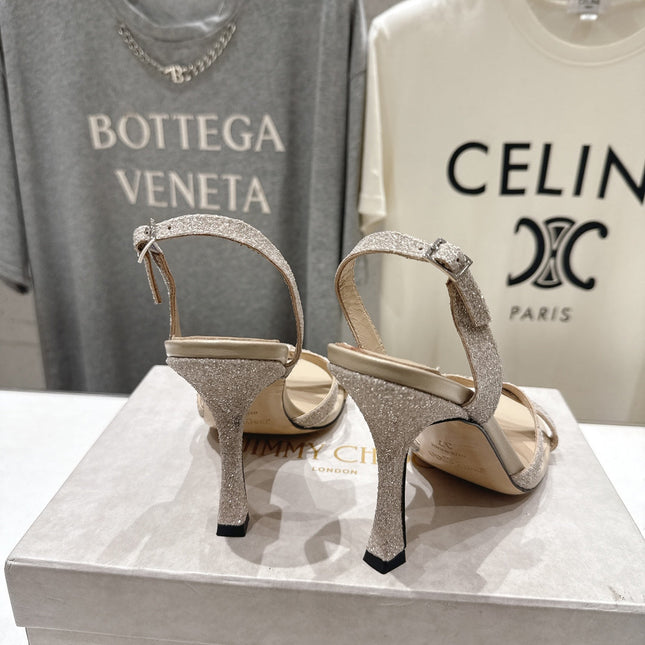 JIMMY CHOO 26S HIGH-HEELED SANDALS 100 MM IN LIGHT BEIGE GLITTER FABRIC