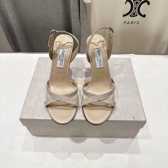 JIMMY CHOO 26S HIGH-HEELED SANDALS 100 MM IN LIGHT BEIGE GLITTER FABRIC