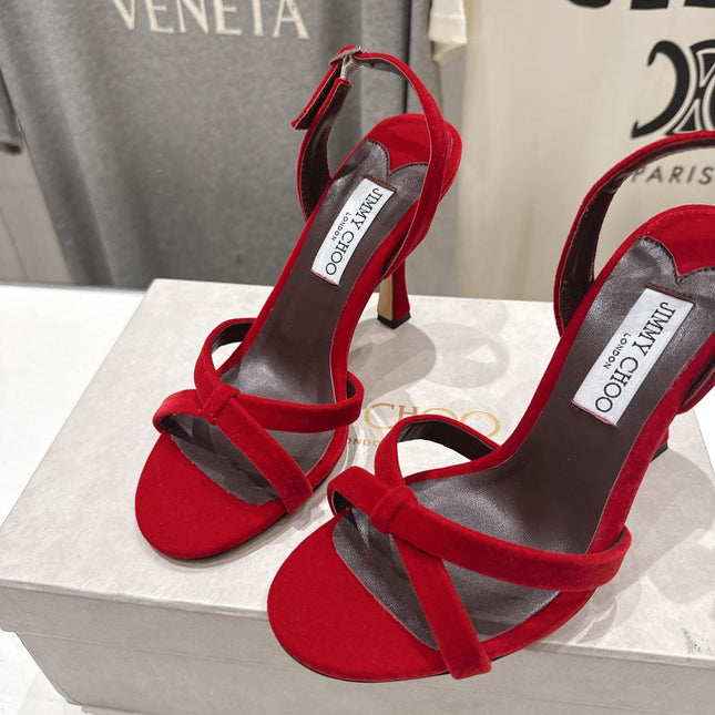 JIMMY CHOO 26S HIGH-HEELED SANDALS 100 MM IN RED VELVET