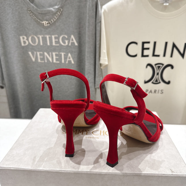 JIMMY CHOO 26S HIGH-HEELED SANDALS 100 MM IN RED VELVET