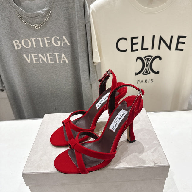 JIMMY CHOO 26S HIGH-HEELED SANDALS 100 MM IN RED VELVET