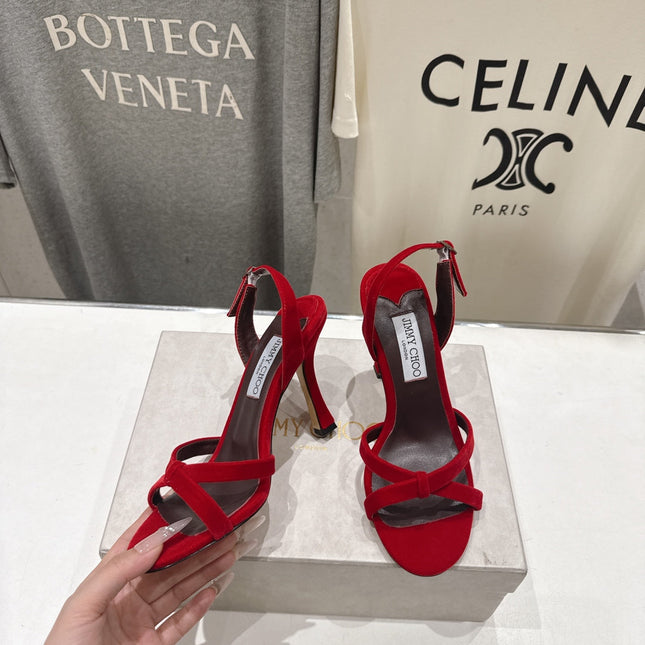 JIMMY CHOO 26S HIGH-HEELED SANDALS 100 MM IN RED VELVET