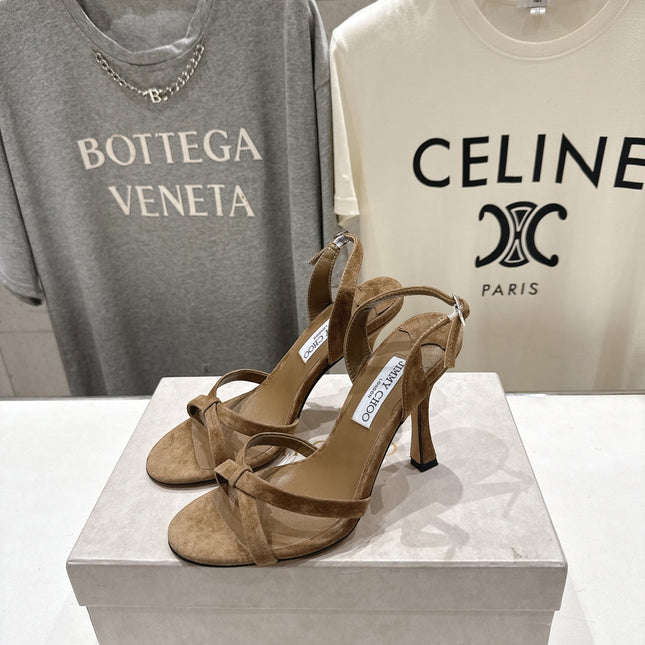 JIMMY CHOO 26S HIGH-HEELED SANDALS 100 MM IN BROWN SUEDE