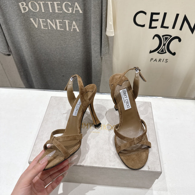 JIMMY CHOO 26S HIGH-HEELED SANDALS 100 MM IN BROWN SUEDE