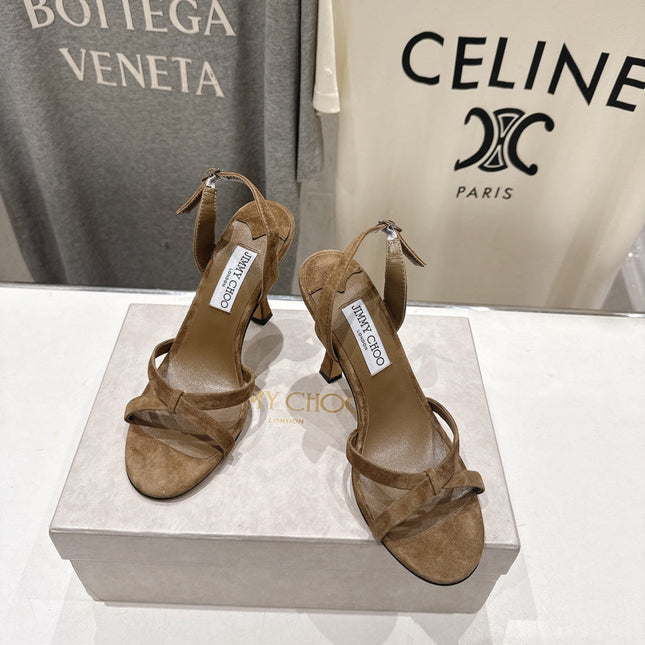JIMMY CHOO 26S HIGH-HEELED SANDALS 100 MM IN BROWN SUEDE
