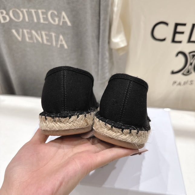CELINE 26S MAISON PARIS EMBLEM ESPADRILLE FLATS IN BLACK CANVAS