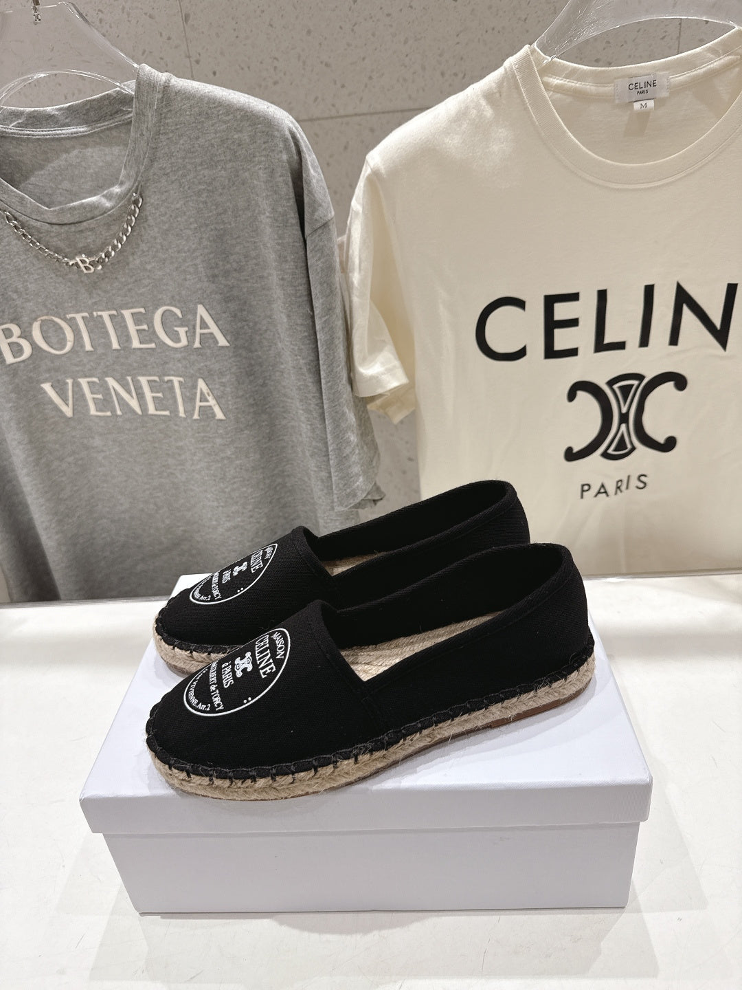 CELINE 26S MAISON PARIS EMBLEM ESPADRILLE FLATS IN BLACK CANVAS