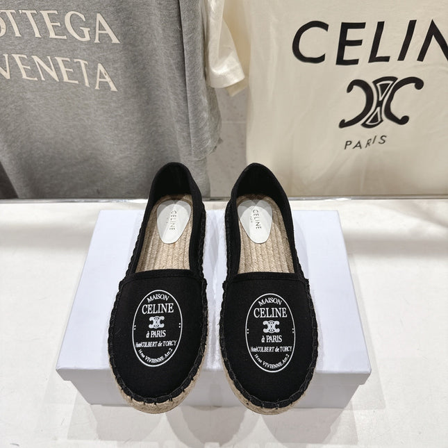 CELINE 26S MAISON PARIS EMBLEM ESPADRILLE FLATS IN BLACK CANVAS
