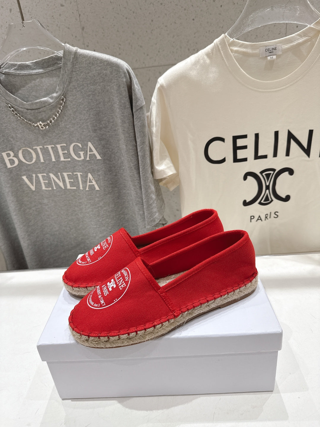 CELINE 26S MAISON PARIS EMBLEM ESPADRILLE FLATS IN DARK RED CANVAS