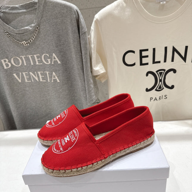 CELINE 26S MAISON PARIS EMBLEM ESPADRILLE FLATS IN DARK RED CANVAS