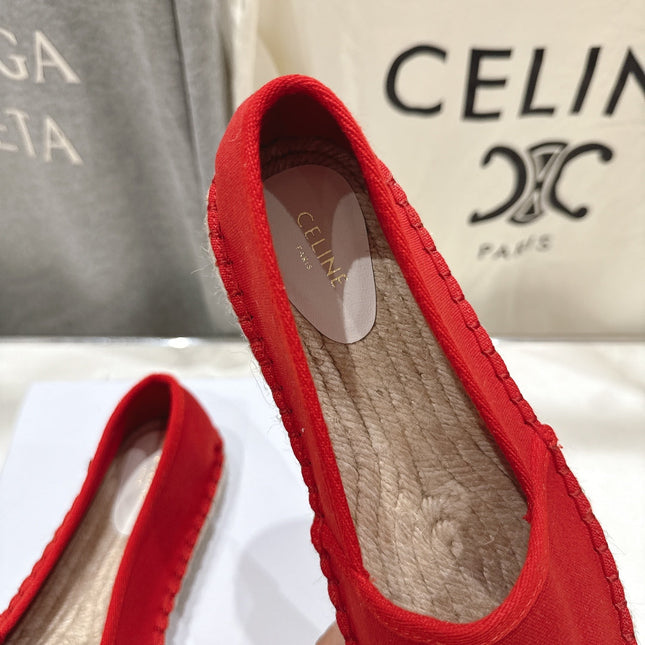 CELINE 26S MAISON PARIS EMBLEM ESPADRILLE FLATS IN DARK RED CANVAS