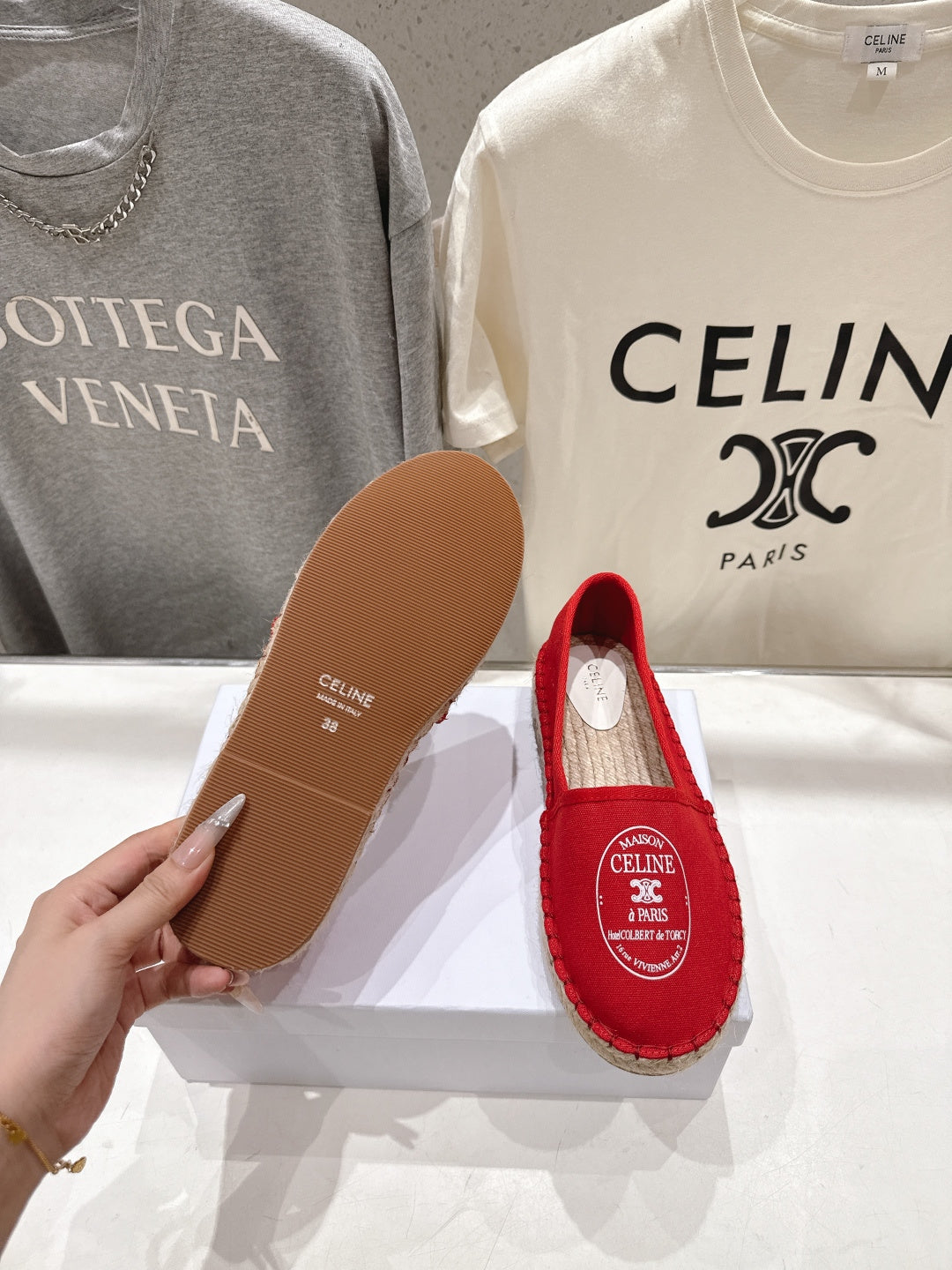 CELINE 26S MAISON PARIS EMBLEM ESPADRILLE FLATS IN DARK RED CANVAS
