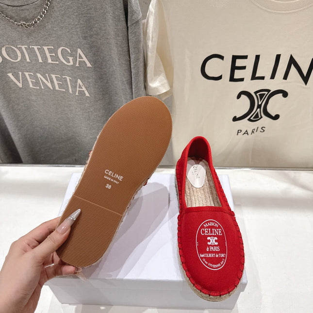 CELINE 26S MAISON PARIS EMBLEM ESPADRILLE FLATS IN DARK RED CANVAS