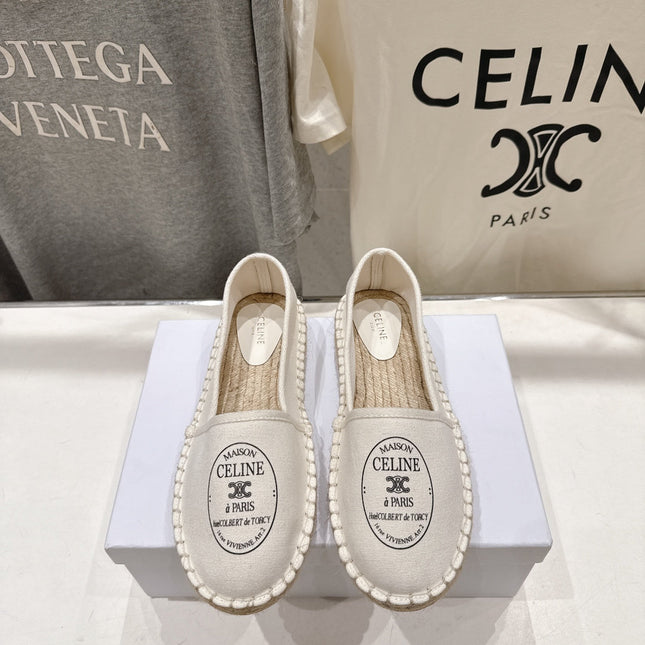 CELINE 26S MAISON PARIS EMBLEM ESPADRILLE FLATS IN IVORY WHITE CANVAS
