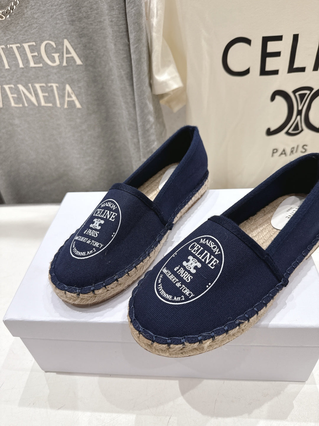CELINE 26S MAISON PARIS EMBLEM ESPADRILLE FLATS IN NAVY BLUE CANVAS