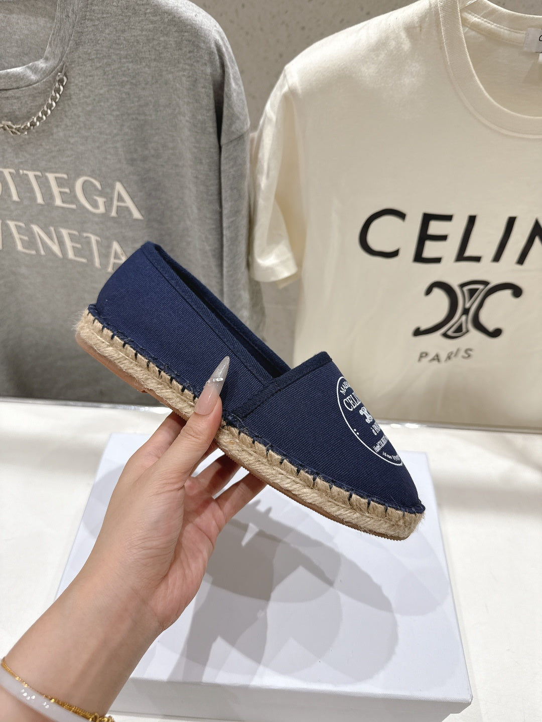 CELINE 26S MAISON PARIS EMBLEM ESPADRILLE FLATS IN NAVY BLUE CANVAS