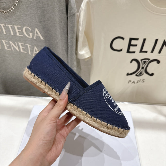 CELINE 26S MAISON PARIS EMBLEM ESPADRILLE FLATS IN NAVY BLUE CANVAS