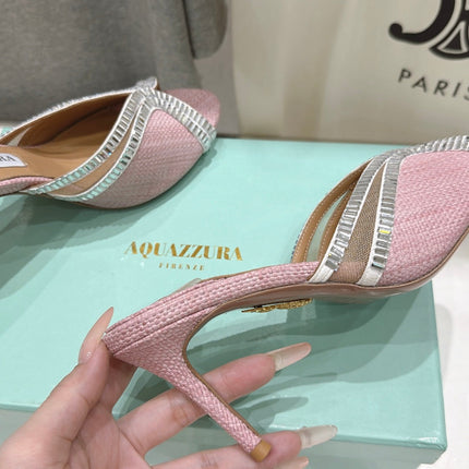 AQUAZZURA 26S HEEL SANDALS 80 MM IN LIGHT PINK CANVAS WITH CRYSTALS