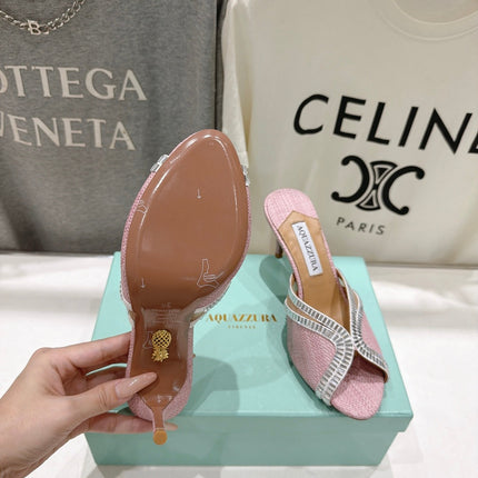 AQUAZZURA 26S HEEL SANDALS 80 MM IN LIGHT PINK CANVAS WITH CRYSTALS