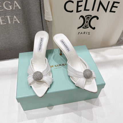 AQUAZZURA 26S HEEL SANDALS 80 MM IN WHITE SATIN CRYSTAL-EMBELLISHED SPHERE