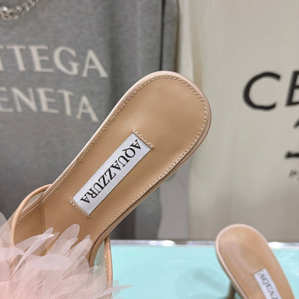 AQUAZZURA 26S BOUQUET HEELED SANDALS 80 MM IN BEIGE SATIN & CALFSKIN
