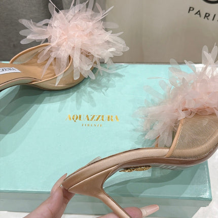 AQUAZZURA 26S BOUQUET HEELED SANDALS 80 MM IN BEIGE SATIN & CALFSKIN