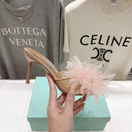 AQUAZZURA 26S BOUQUET HEELED SANDALS 80 MM IN BEIGE SATIN & CALFSKIN