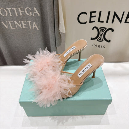 AQUAZZURA 26S BOUQUET HEELED SANDALS 80 MM IN BEIGE SATIN & CALFSKIN