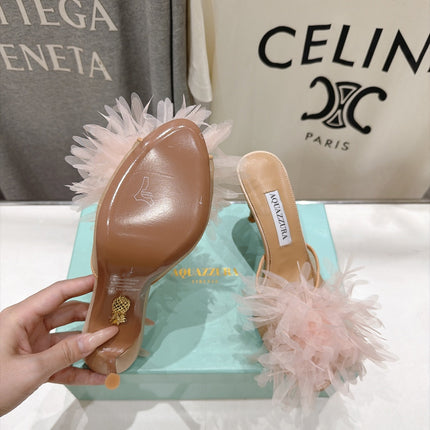 AQUAZZURA 26S BOUQUET HEELED SANDALS 80 MM IN BEIGE SATIN & CALFSKIN