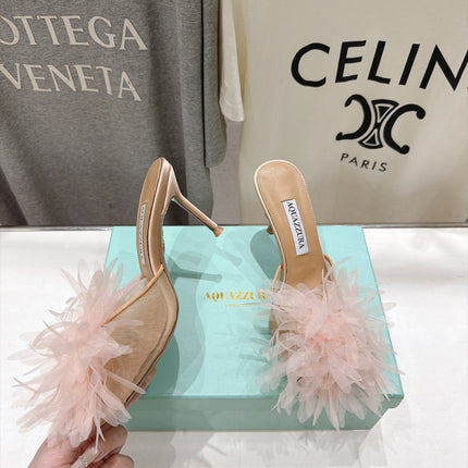 AQUAZZURA 26S BOUQUET HEELED SANDALS 80 MM IN BEIGE SATIN & CALFSKIN