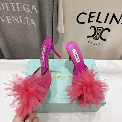 AQUAZZURA 26S BOUQUET HEELED SANDALS 80 MM IN PINK SATIN & CALFSKIN