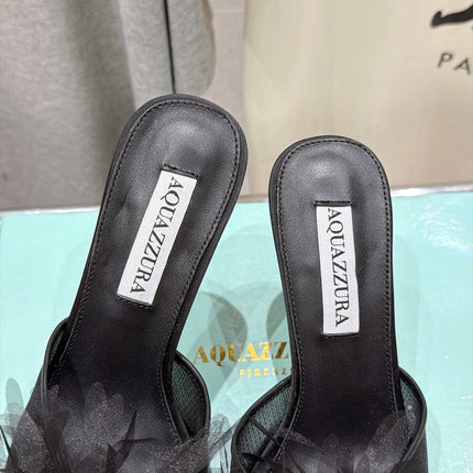 AQUAZZURA 26S BOUQUET HEELED SANDALS 80 MM IN BLACK SATIN & CALFSKIN