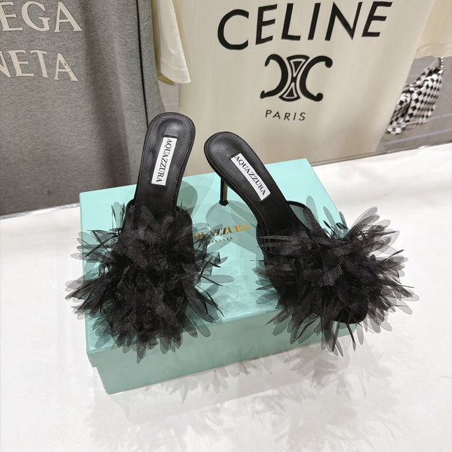 AQUAZZURA 26S BOUQUET HEELED SANDALS 80 MM IN BLACK SATIN & CALFSKIN