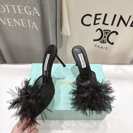 AQUAZZURA 26S BOUQUET HEELED SANDALS 80 MM IN BLACK SATIN & CALFSKIN