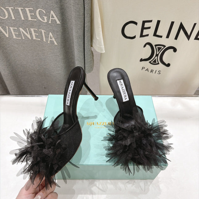 AQUAZZURA 26S BOUQUET HEELED SANDALS 80 MM IN BLACK SATIN & CALFSKIN