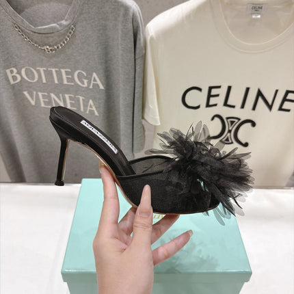 AQUAZZURA 26S BOUQUET HEELED SANDALS 80 MM IN BLACK SATIN & CALFSKIN