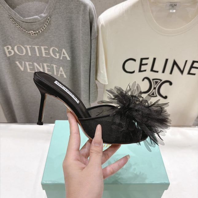 AQUAZZURA 26S BOUQUET HEELED SANDALS 80 MM IN BLACK SATIN & CALFSKIN