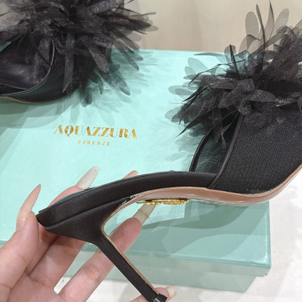 AQUAZZURA 26S BOUQUET HEELED SANDALS 80 MM IN BLACK SATIN & CALFSKIN