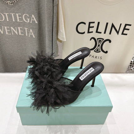 AQUAZZURA 26S BOUQUET HEELED SANDALS 80 MM IN BLACK SATIN & CALFSKIN