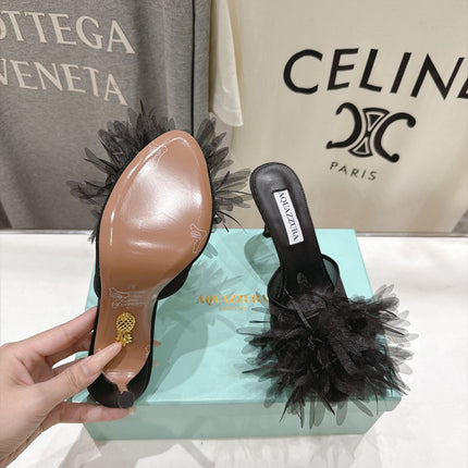 AQUAZZURA 26S BOUQUET HEELED SANDALS 80 MM IN BLACK SATIN & CALFSKIN