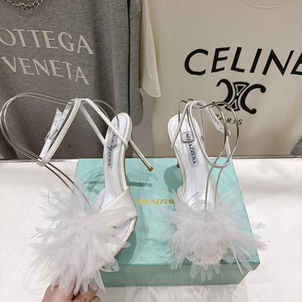 AQUAZZURA 26S BOUQUET HEELED SANDALS 100 MM IN CREAM WHITE SATIN & CALFSKIN