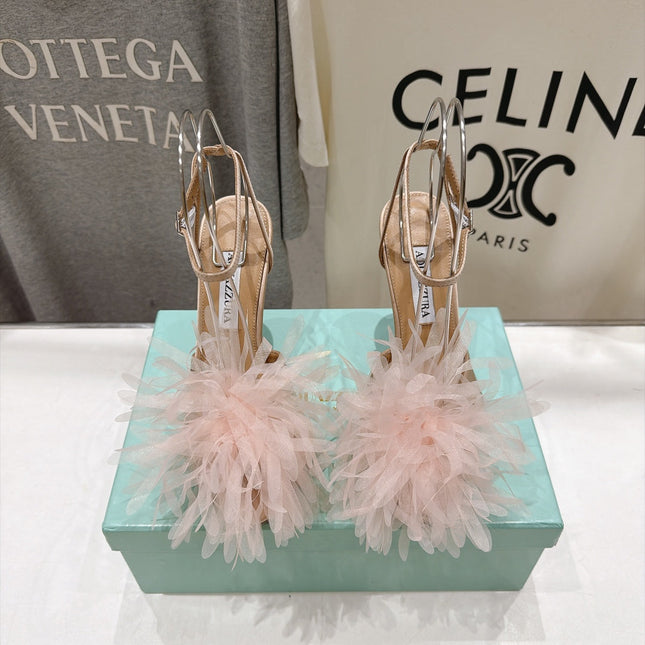 AQUAZZURA 26S BOUQUET HEELED SANDALS 100 MM IN BEIGE SATIN & CALFSKIN