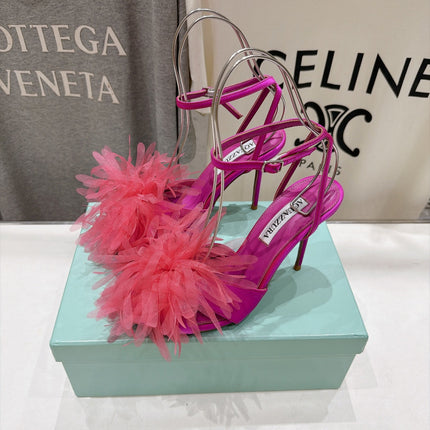 AQUAZZURA 26S BOUQUET HEELED SANDALS 100 MM IN PINK SATIN & CALFSKIN