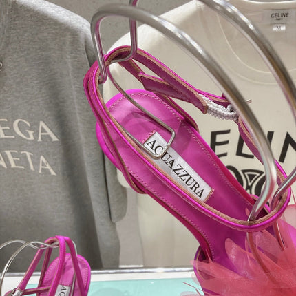 AQUAZZURA 26S BOUQUET HEELED SANDALS 100 MM IN PINK SATIN & CALFSKIN