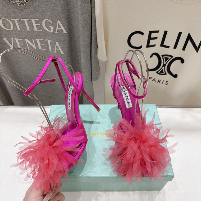 AQUAZZURA 26S BOUQUET HEELED SANDALS 100 MM IN PINK SATIN & CALFSKIN