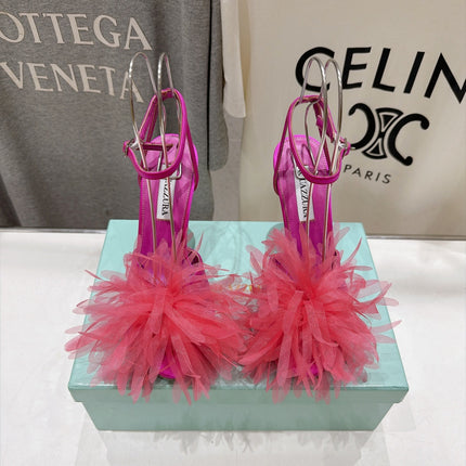 AQUAZZURA 26S BOUQUET HEELED SANDALS 100 MM IN PINK SATIN & CALFSKIN